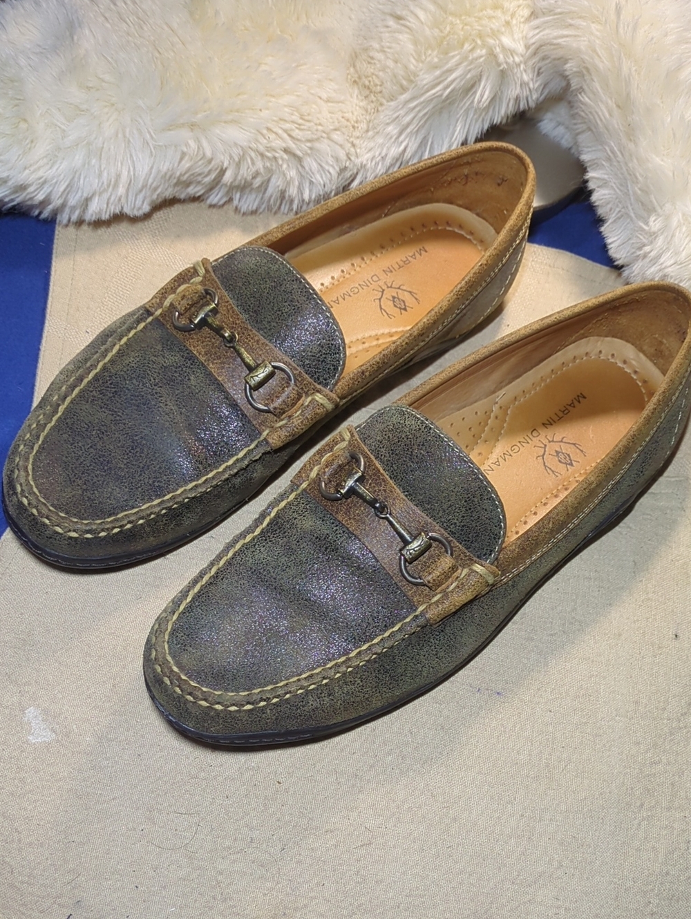 Martin Dingman Olive Green & Brown Leather Bit Loafers Pristine Condition $125